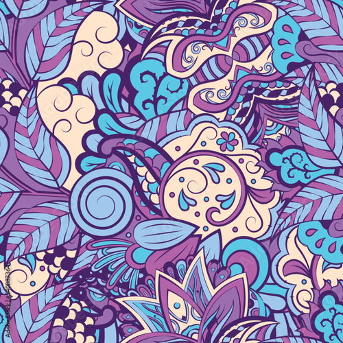 Tracery seamless pattern. Mehndi design. 6 colors. Ethnic doodle texture. Curved doodling background. Vector