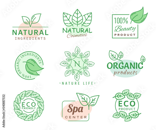 Green leaf icons, SPA, organic cosmetics or eco product, vector bio nature labels. Beauty, eco friendly and 100 percent natural ingredients, green leaf symbols for organic products and vegan cosmetics