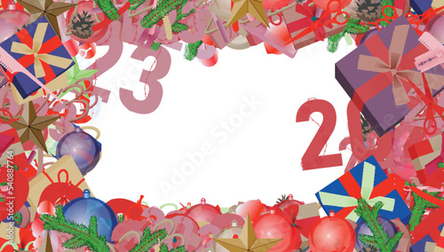 Background pattern abstract seamless design texture. Border frame, transparent background. Theme is about glass bowl, in the circle of loved ones, evergreen, scissors, green needles, happy