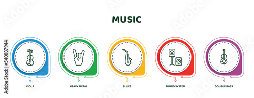editable thin line icons with infographic template. infographic for music concept. included viola, heavy metal, blues, sound system, double bass icons.