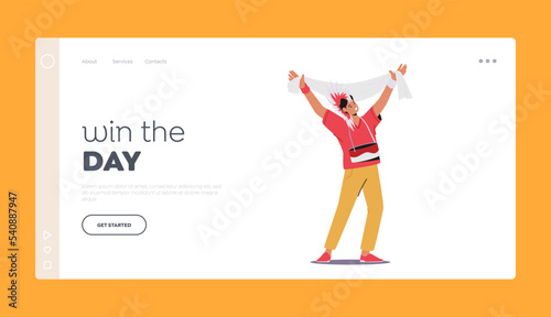 World Sport Championship Landing Page Template. Football Supporter Fan Cheering and Celebrate Watching Match at Stadium