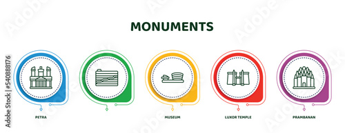 editable thin line icons with infographic template. infographic for monuments concept. included petra, , museum, luxor temple, prambanan icons.