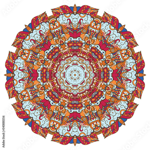 Mandala. Tracery wheel image. Mehndi design. Ethnic doodle art. Curved doodling picture. Vector