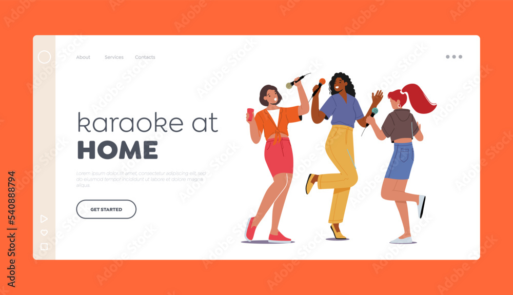 Karaoke at Home Landing Page Template. Excited Young Girls Company with Microphones Performing on Party, Music Hobby Karaoke at Home Landing Page Template. Excited Young Girls Company with Microphones Performing on Party, Music Hobby