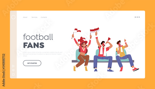 Football Fans Landing Page Template. Cheerful Characters Wearing Sports Club Uniform Sitting on Tribunes Cheering