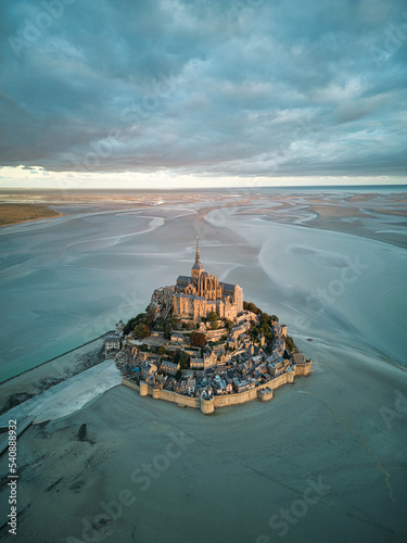 Top view at sunrise of the bay of Mont Saint Michel, Normandy, France.