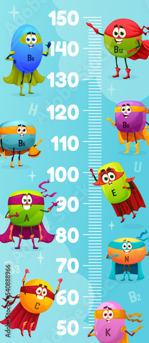 Kids height chart ruler, cartoon vitamin superhero characters, vector growth meter. Baby tall size measure ruler with super hero pills and defender vitamins E, C and A in super hero masks and capes