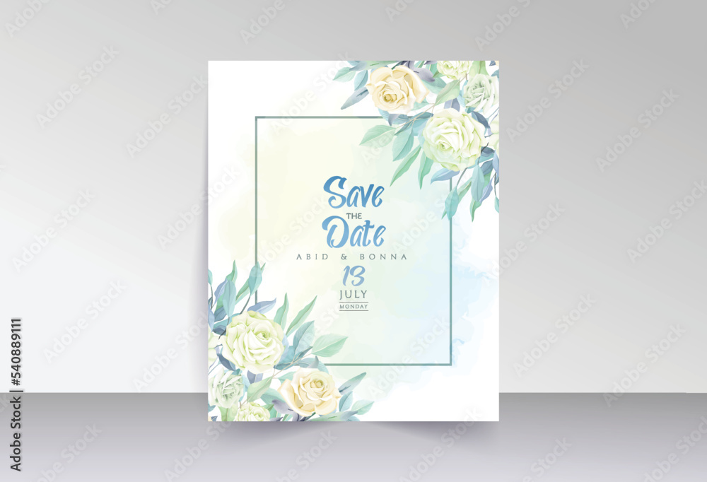 Light green and off-white rose save the date card with blue leaves
