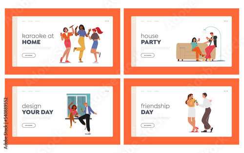 Home Party Fun Landing Page Template Set. People Celebrate Birthday or Corporate. Young Women and Men Clinking Glasses