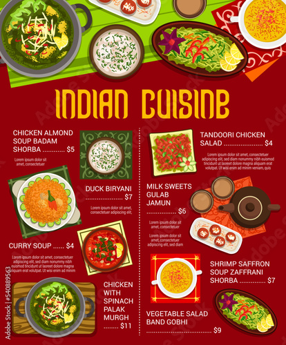 Indian cuisine meals vector menu with vegetable and meat spice food, curry, milk dessert. Duck rice biryani, shrimp saffron and almond soups, tandoori chicken and veggie salads, spinach chicken curry