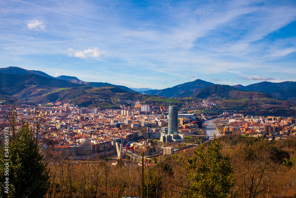 Panoramic view of old part of the city Bilbao, from Artxanda hill