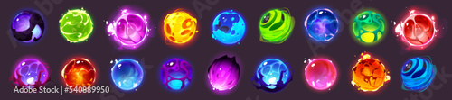 Alien space planets cartoon set. Fantastic design elements for game, comets, asteroids, galaxy ui cosmic world objects. Moon with craters, glow spheres with plasma and lava, Vector illustration, icons
