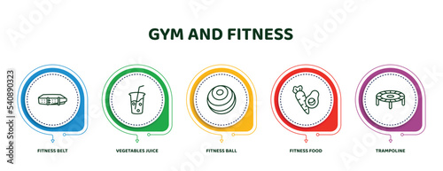 editable thin line icons with infographic template. infographic for gym and fitness concept. included fitness belt, vegetables juice, fitness ball, food, trampoline icons.