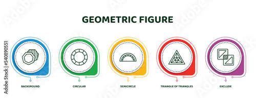 editable thin line icons with infographic template. infographic for geometric figure concept. included background, circular, semicircle, triangle of triangles, exclude icons.
