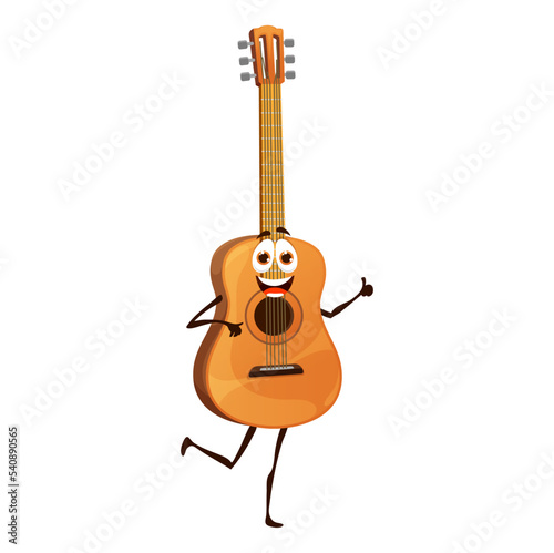 Cartoon acoustic guitar character. Isolated vector musical string instrument personage with smiling face show thumb up. Education music for kids, festival, musician equipment store