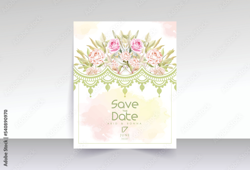 Pink and off-white rose save the date card with mandala design Pink and off-white rose save the date card with mandala design