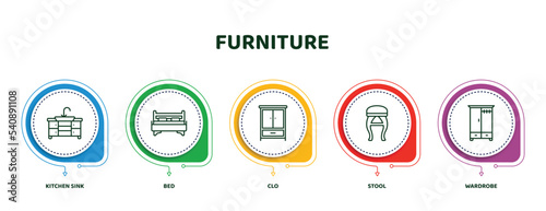 editable thin line icons with infographic template. infographic for furniture concept. included kitchen sink, bed, clo, stool, wardrobe icons.