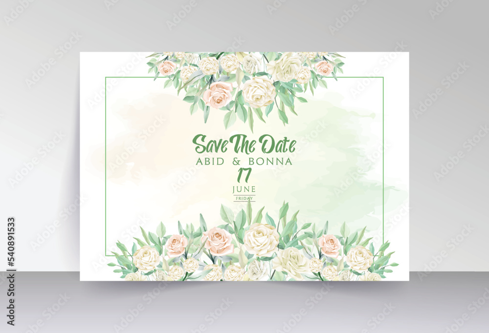 Green leaves with pink and off-white rose save the date card 