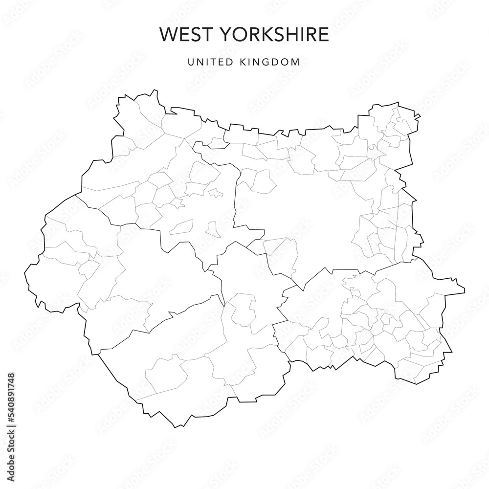 Administrative Map of West Yorkshire with County, Metropolitan Districts and Civil Parishes as of 2022 - United Kingdom, England - Vector Map