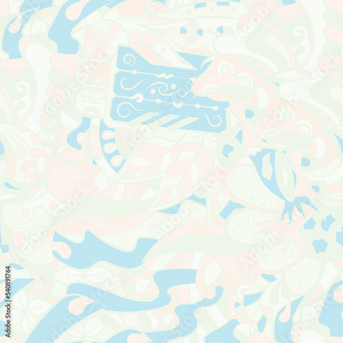 Tracery seamless pattern. Mehndi design. Pastel. 6 colors. Ethnic doodle texture. Curved doodling background. Vector