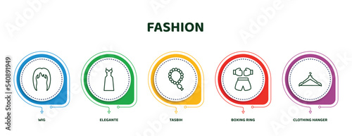 editable thin line icons with infographic template. infographic for fashion concept. included wig, elegante, tasbih, boxing ring, clothing hanger icons.