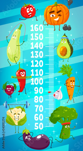 Kids height chart with cartoon vegetables on fitness. Child growth meter roler with running tomato, zucchini and avocado with dumbbell, pumpkin, pepper and cauliflower, carrot, broccoli and eggplant