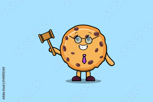Cute cartoon mascot character wise judge Biscuits wearing glasses and holding a hammer 