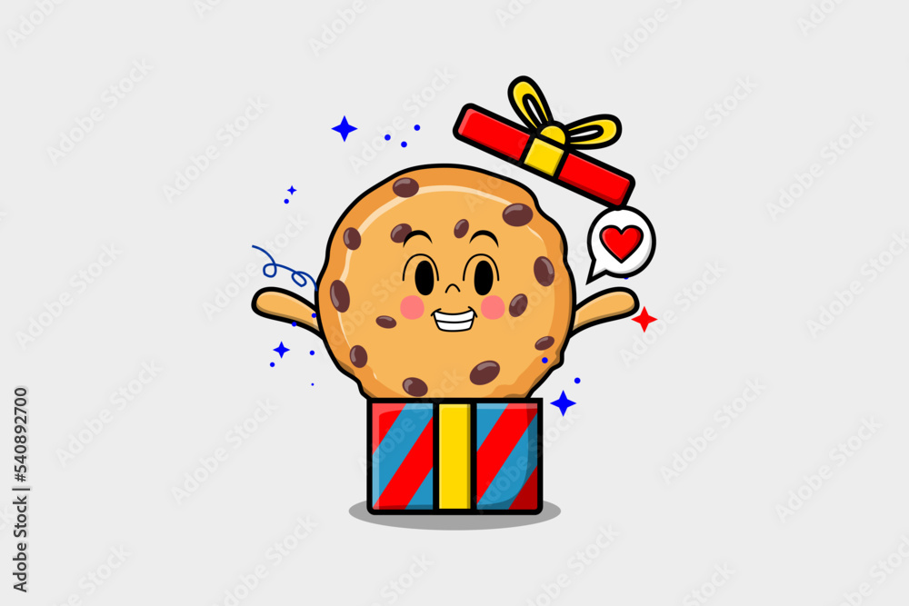 Cute cartoon Biscuits character holding gift box in vector icon