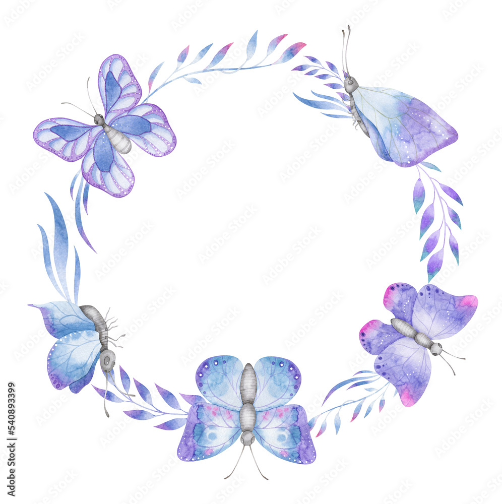 Watercolor wreath with violet and blue butterflies and forest branches. Funny frame with floral elements