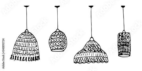 Hand drawn vector sketch in ink. A set of wicker lampshades, chandeliers in boho style. Interior decor.