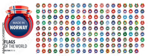 A set of vector icons with flags of countries and with the inscription made in