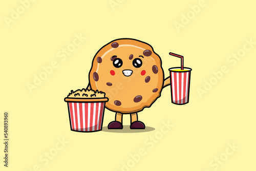 Cute cartoon Biscuits with popcorn and drink ready to watching film in cinema