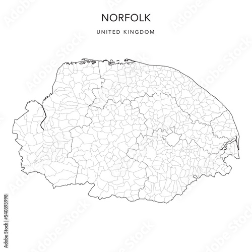 Fototapeta Administrative Map of Norfolk with County, Districts and Civil Parishes as of 20