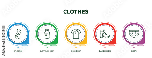 editable thin line icons with infographic template. infographic for clothes concept. included stockings, sleeveless shirt, polo shirt, danica shoes, briefs icons.