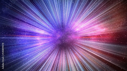 Hyperspace speed effect in night starry sky. Bright blue and red galaxy, horizontal background