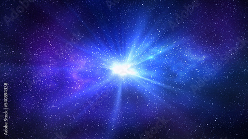 Burst of light in space. Night starry sky and bright blue galaxy, horizontal background