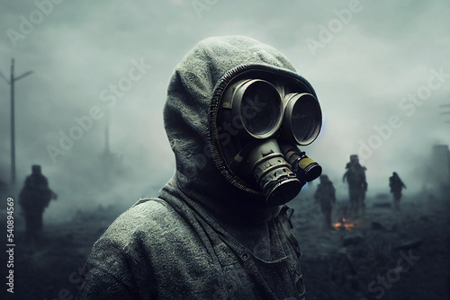 man with gas mask in apocalyptic post war scene 3d illustration