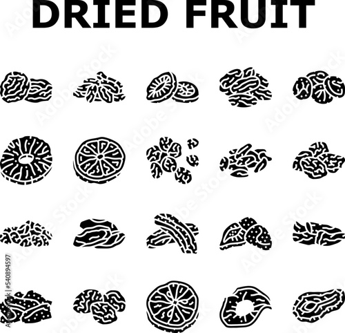 dried fruit healthy snack icons set vector. vegetarian dry, ingredient diet, mix organic nutrition natural dried nut, assortment dried fruit healthy snack glyph pictogram Illustrations