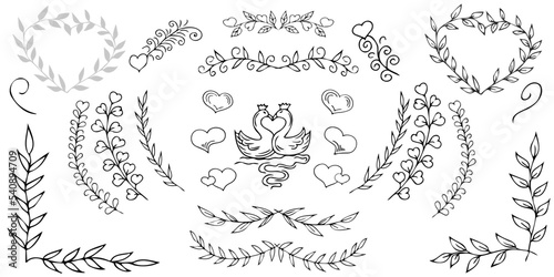 Set, beautiful stylized wedding, festive design for holiday invitations, cards, dividers, floral tender branches. Modern beautiful templates. Original hand drawing. Isolated on background