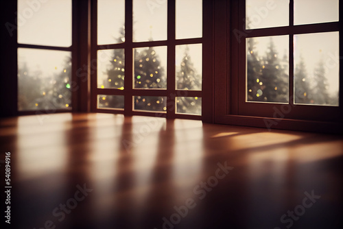 wooden table and Christmas lights 3d illustration