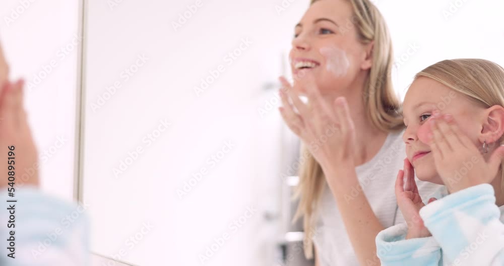 Skincare, mother and girl with cream, for natural beauty and bonding together in bathroom. Mama, daughter or child being happy, smile for cosmetics, organic facial and lotion for smooth skin and glow