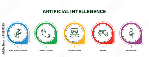 editable thin line icons with infographic template. infographic for artificial intellegence concept. included genetic modification, mobile flexible display, high speed tube, gaming, wristwatch