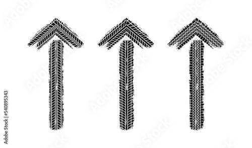 Auto tire tread grunge arrow. Car and motorcycle tire pattern, wheel tyre tread track. Direction arrow. Black tyre print. Vector illustration isolated on white background.