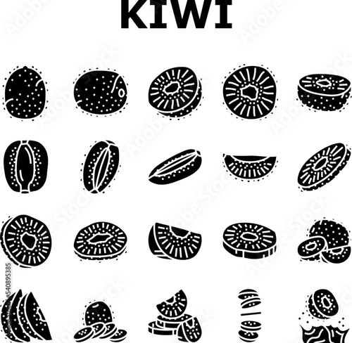 kiwi fruit green fresh slice icons set vector. juicy healthy, food ripe, sweet cut, vegetarian half, freshness organic, ingredient kiwi fruit green fresh slice glyph pictogram Illustrations