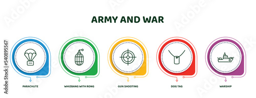 editable thin line icons with infographic template. infographic for army and war concept. included parachute, whizbang with rong, gun shooting, dog tag, warship icons.