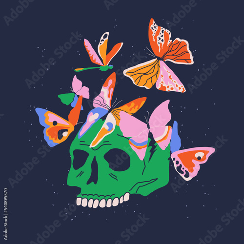 Hand drawn cute skull with butterflies; dragonfly on the background. Trendy design to print. Creepy colorful skull head and insects. Isolated cartoon print for t shirt; card; poster; tattoo.