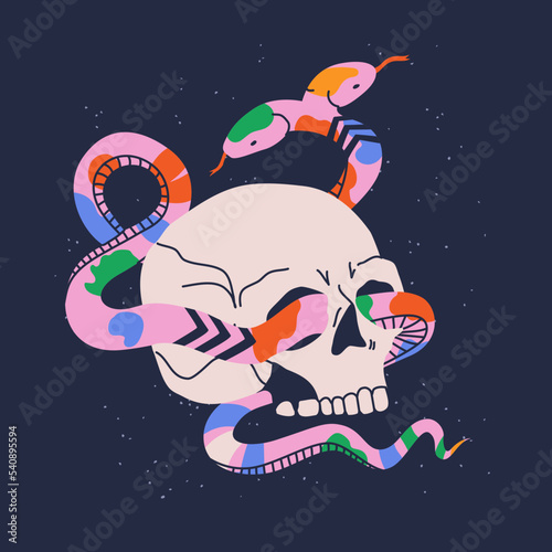 Hand drawnd cute skull with snake on the background. Trendy design to print. Creepy colorful skull head and reptile. Isolated cartoon print for t shirt; card; poster; tattoo.