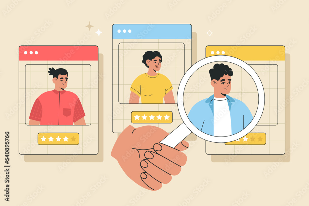 Recruitment agency, hiring, headhunting concept. Hand with magnifying glass choosing best candidate for job. Hand drawn color vector illustration isolated on background, modern flat cartoon style Recruitment agency, hiring, headhunting concept. Hand with magnifying glass choosing best candidate for job. Hand drawn color vector illustration isolated on background, modern flat cartoon style