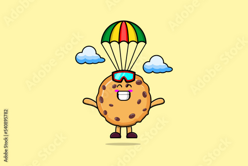 Cute mascot cartoon Biscuits is skydiving with parachute and happy gesture illustration