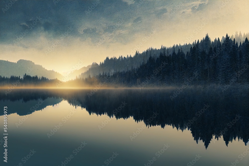 Fototapeta premium Night lake illustration